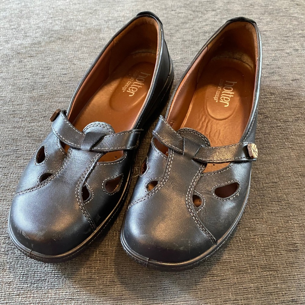 Hotter Nirvana Mary Jane Shoes Womens 8 Black Excellent Leather Cutout Comfort